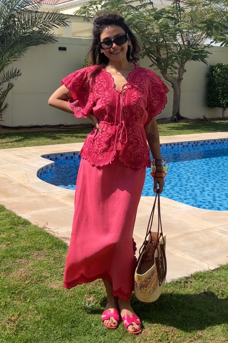 Pink Scallop Embroidered Top and Maxi Skirt Co-ord Set