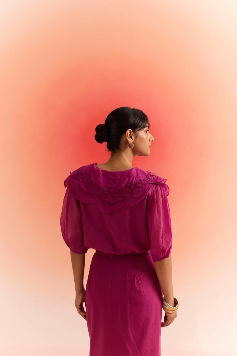 Wine Satin V-Neck Ruffle Embroidered Top