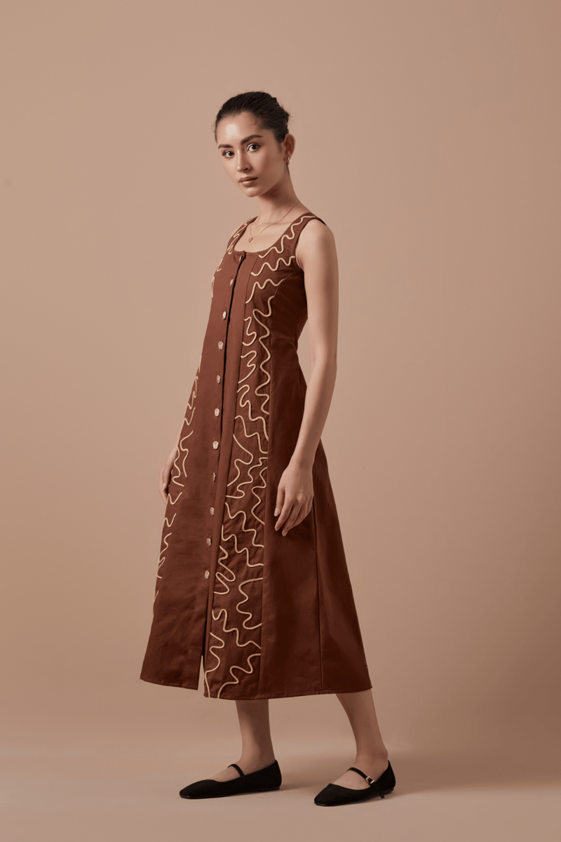 Brown A-Line Button-Down Midi Dress with Contrast Embroidery