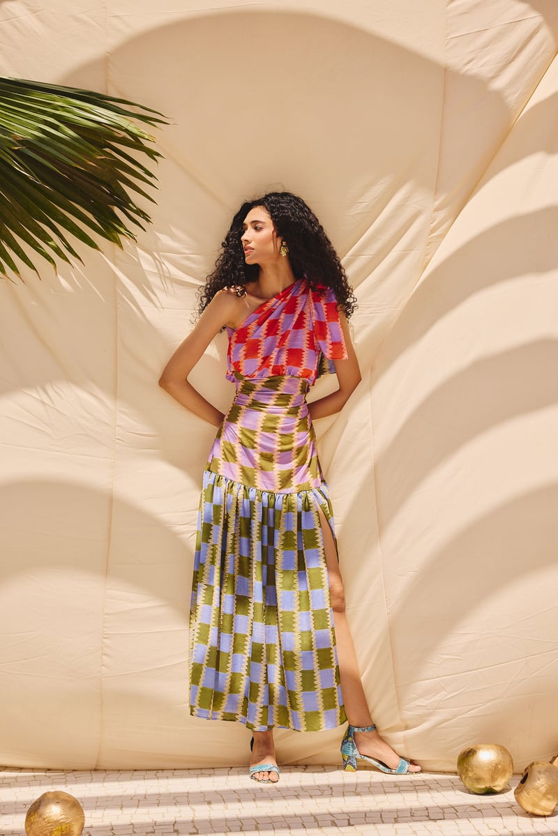 Multicolor One-Shoulder Printed Maxi Dress with Slit