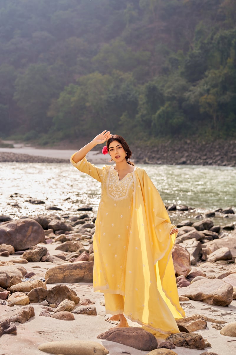 Yellow Cotton Embroidered Straight Kurta Set with Dupatta