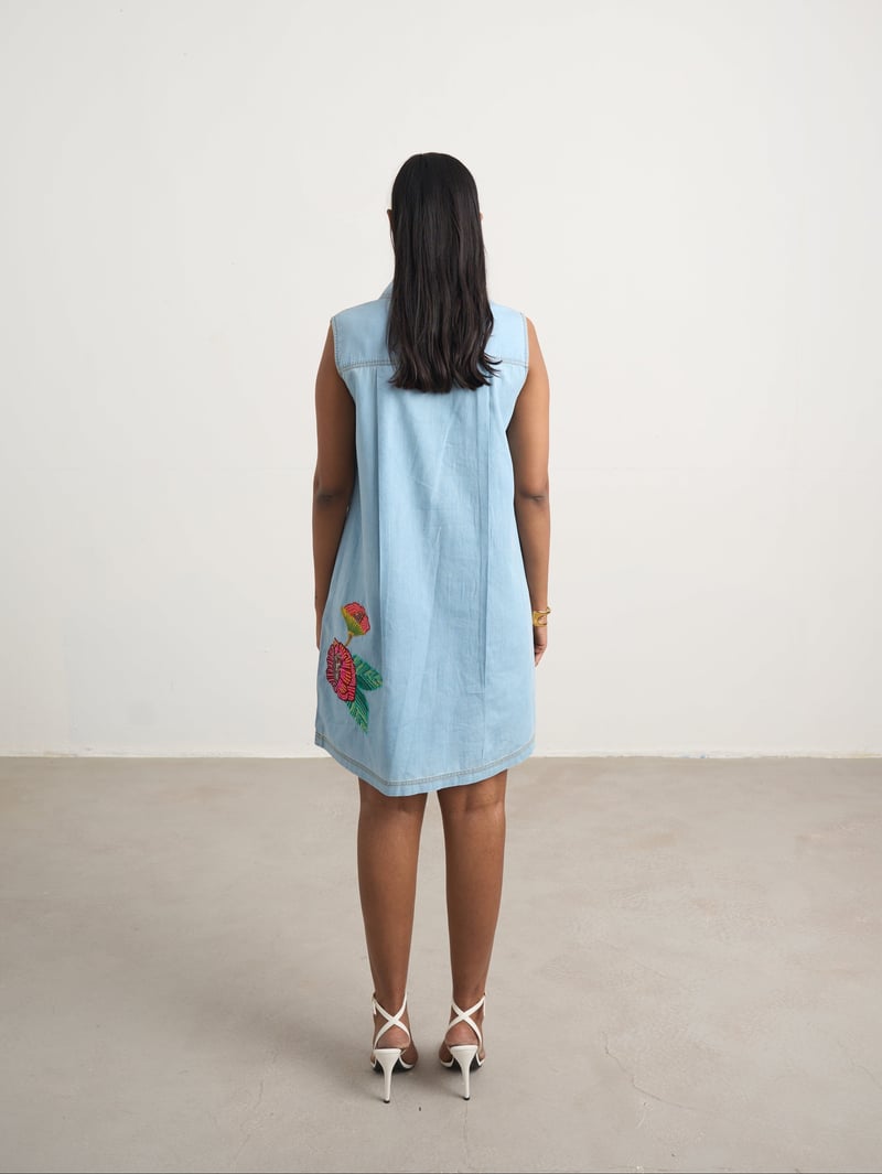 Blue Denim Sleeveless Collared Dress with Floral Embroidery