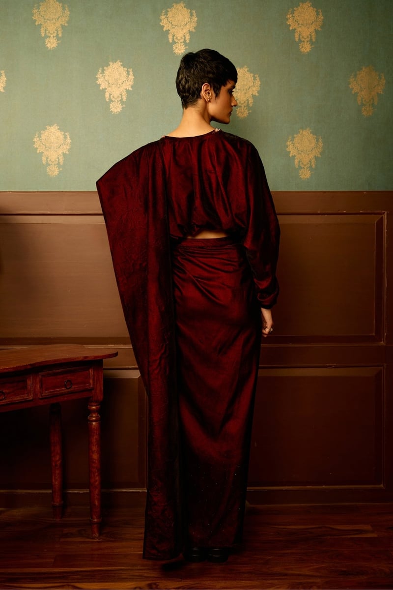 Maroon Micro Velvet Drape Maxi Skirt with Side Slit