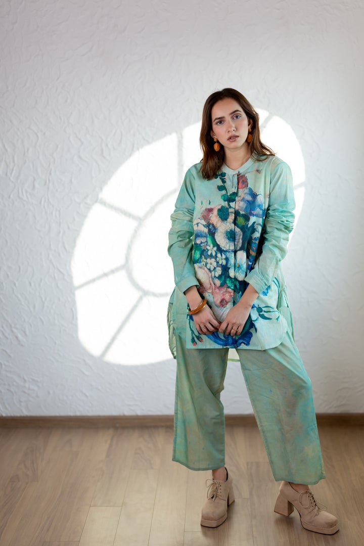 Aqua Green Printed Shirt and Pant Co-ord Set
