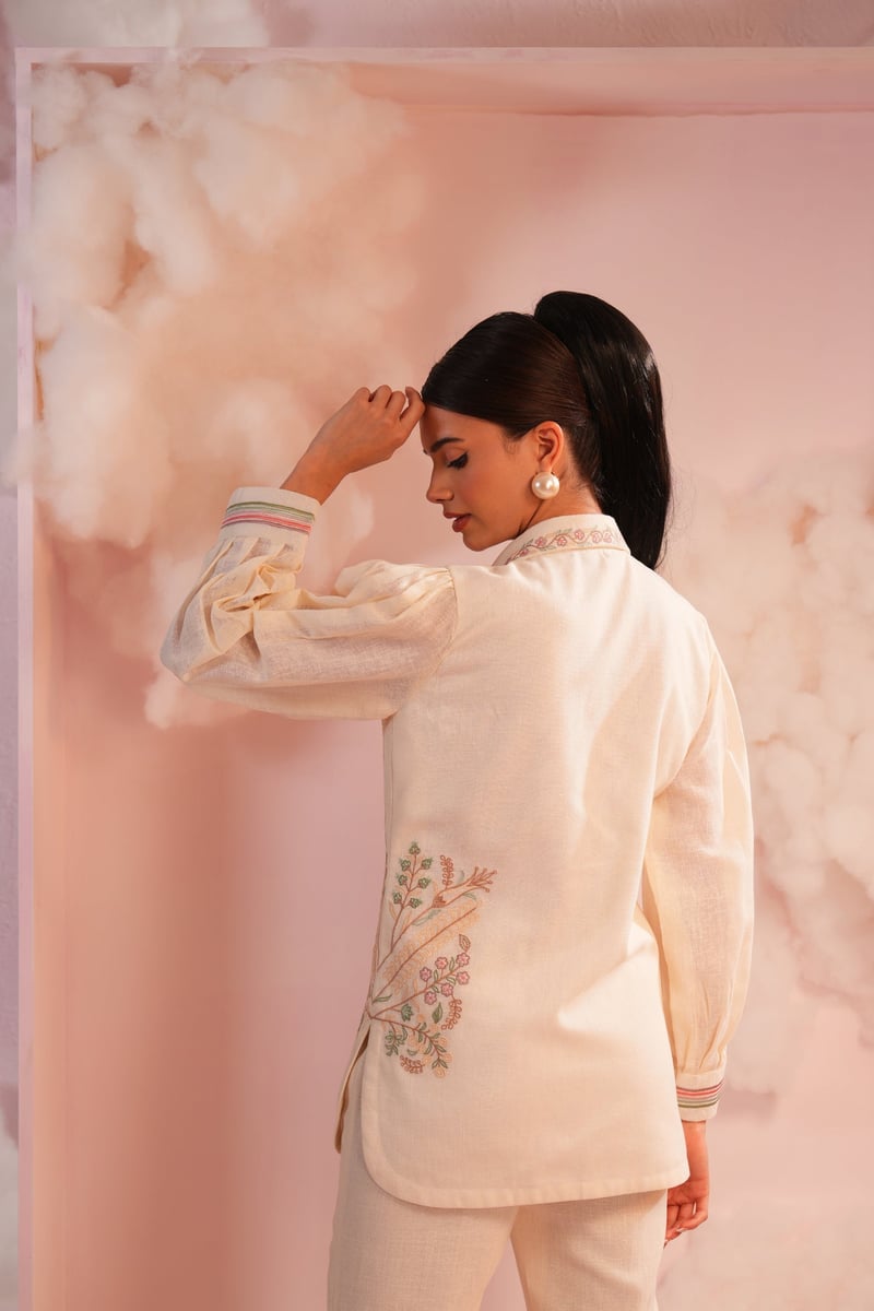 Cream Embroidered Shirt and Bootcut Pants Co-ord Set