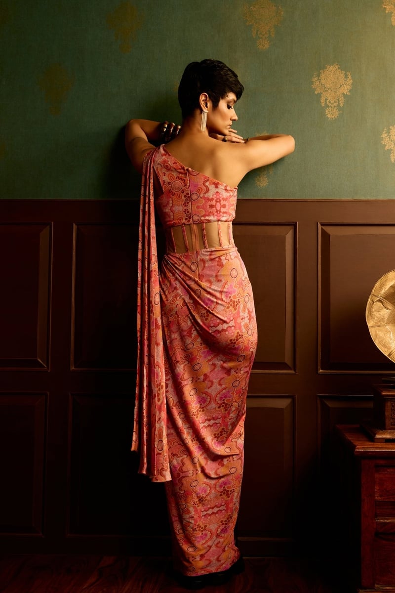 Pink One-Shoulder Printed Corset Drape Gown