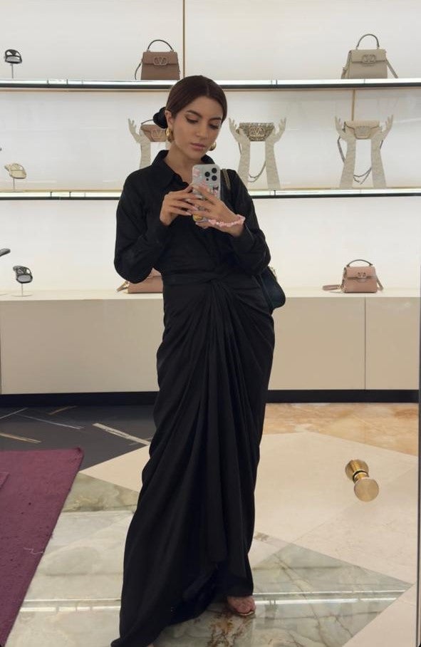 Black Satin Shirt and Sarong Skirt Co-ord Set