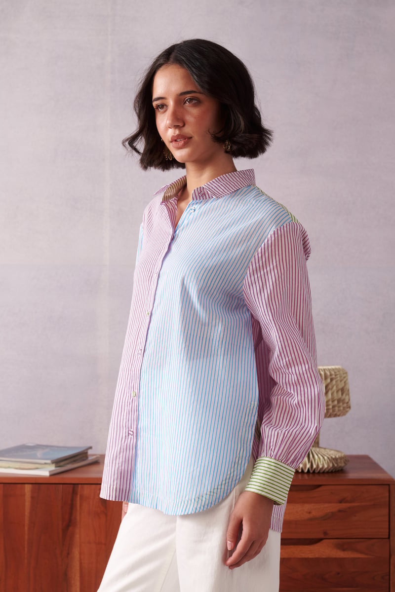 Blue/Pink Striped Panelled Cotton Shirt