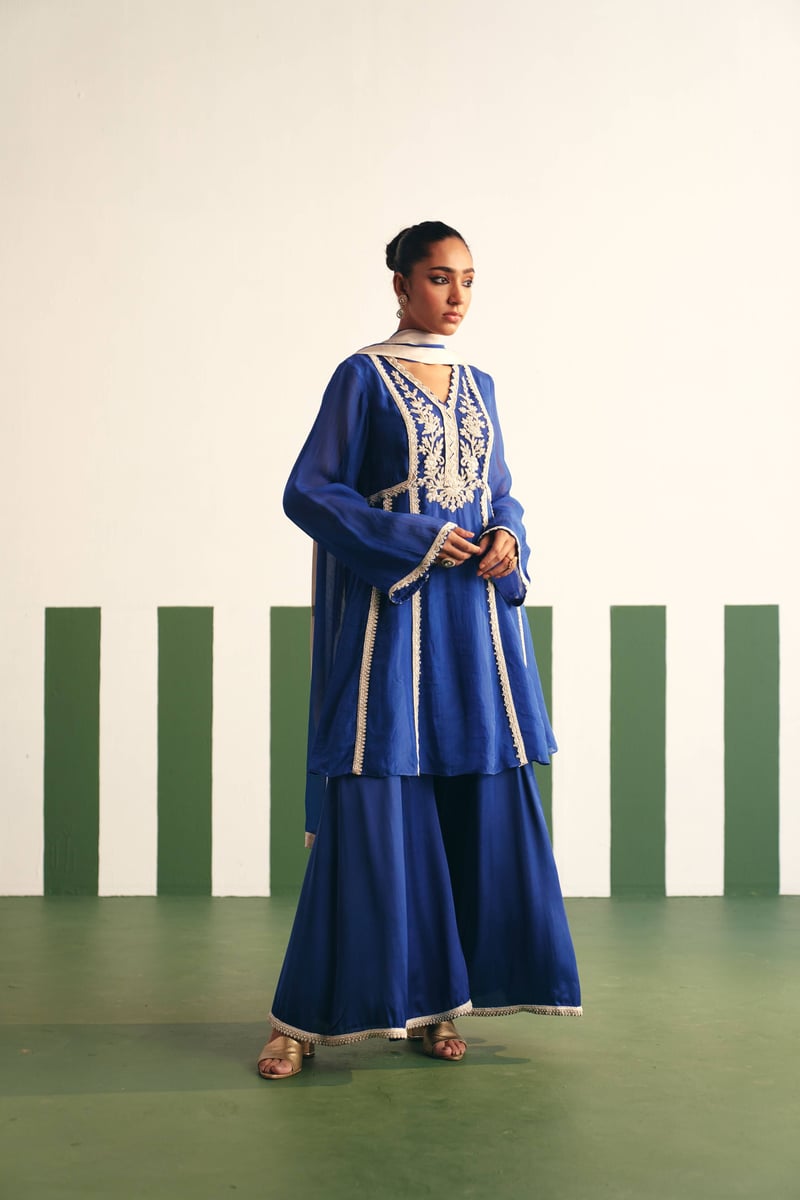 Cobalt Blue Embroidered Peplum Kurta Sharara Set