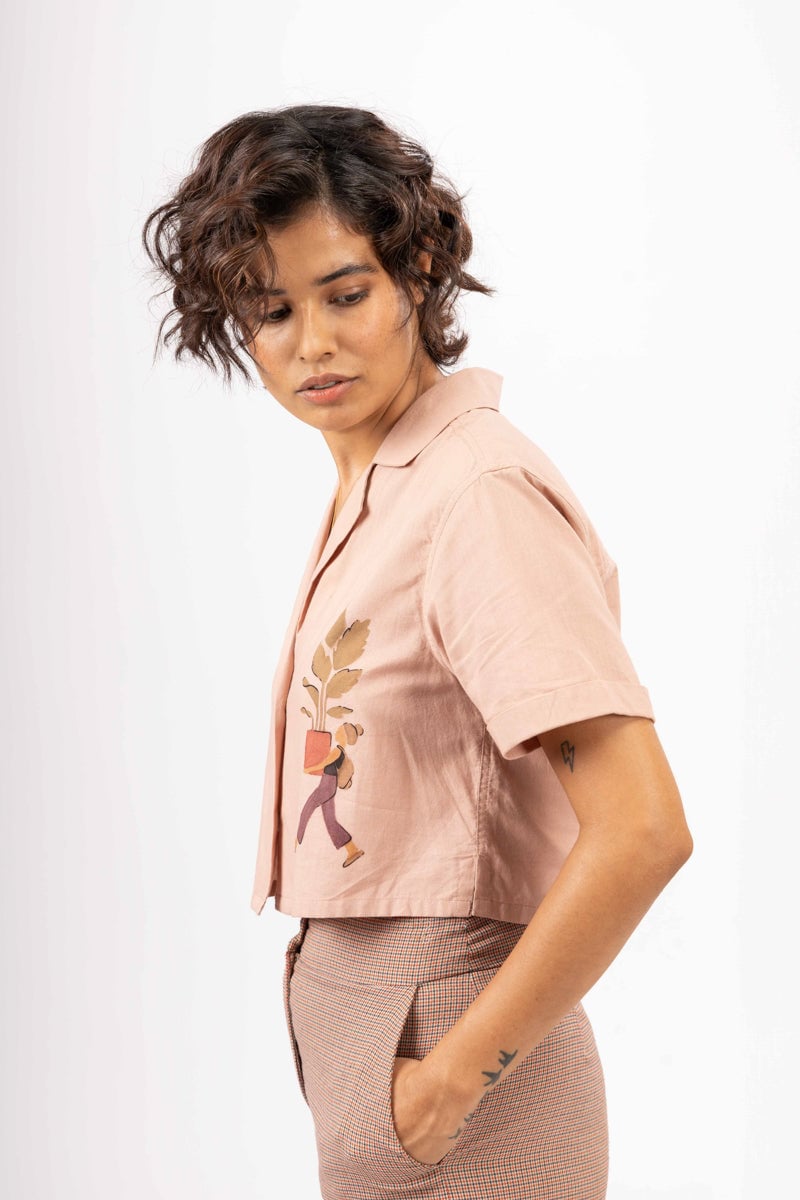 Cinnamon Cotton Boxy Cropped Printed Camp Collar Top