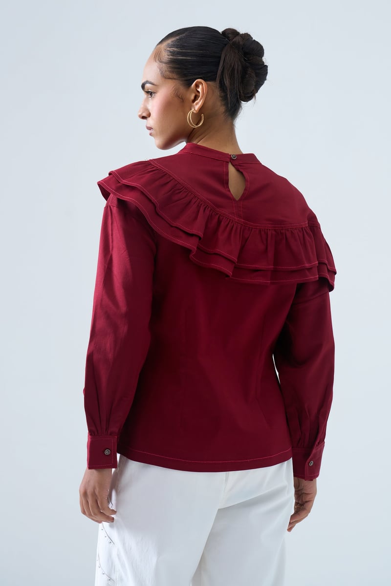 Maroon Ruffle Yoke Sequin Detail Full Sleeve Top
