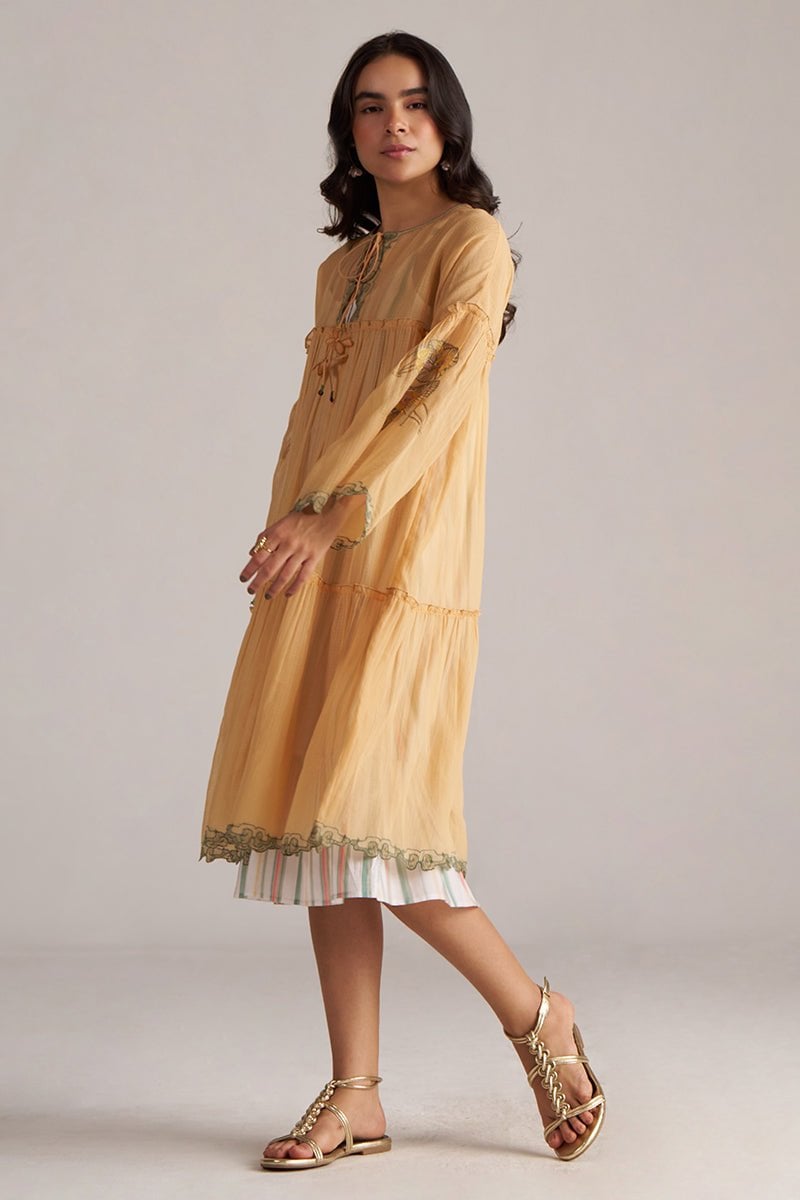 Apricot Cream Kota Silk Tiered Kurta Co-ord Set