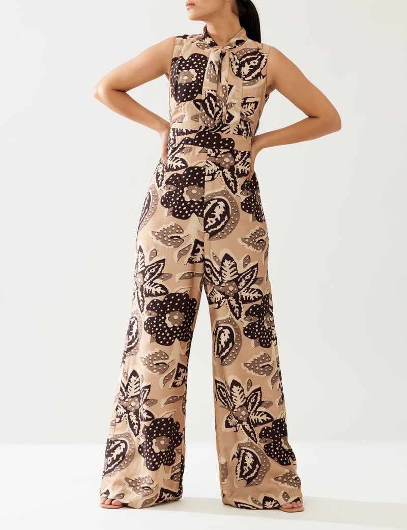 Cream And Dark Brown Floral Bow Tie Jumpsuit