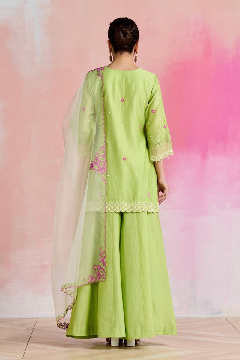 Green Chanderi Embroidered Kurta Sharara Set with Dupatta