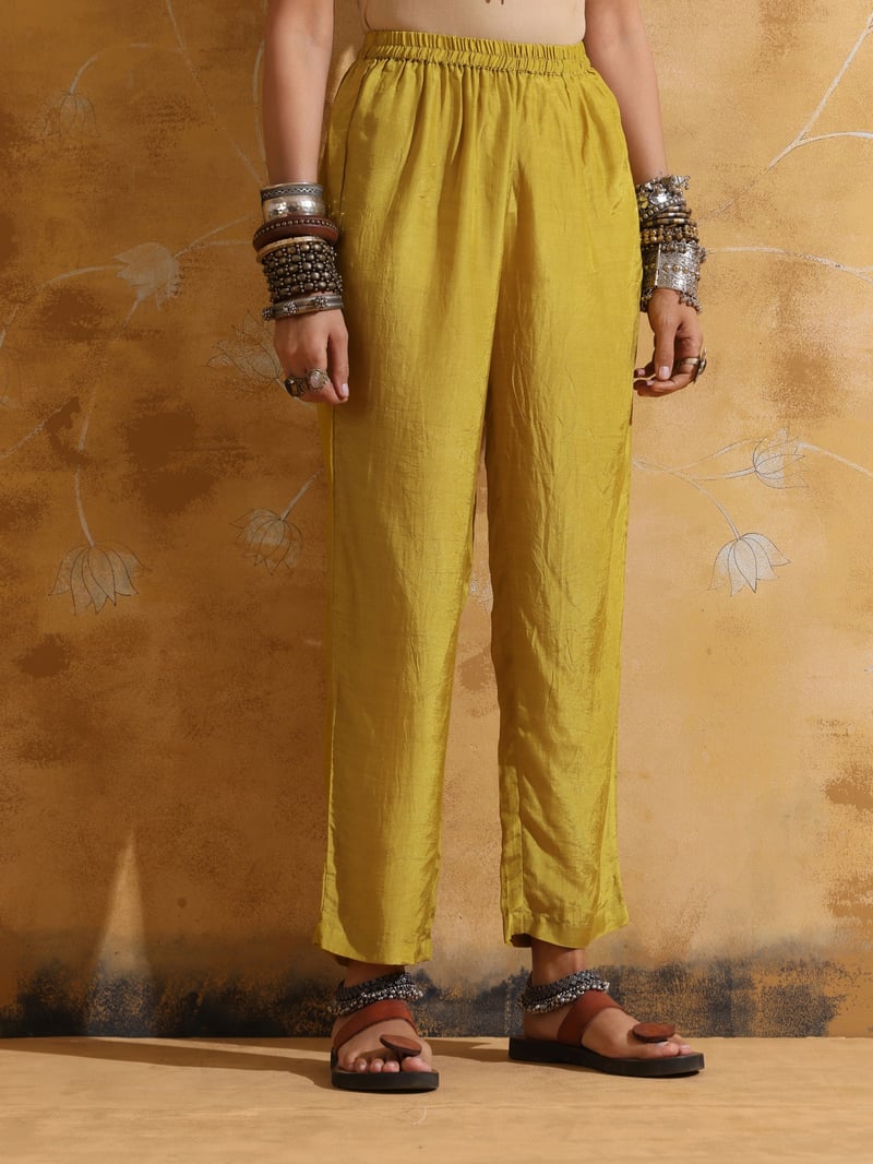 Lime Muslin Silk Angrakha Kurta and Pant Set