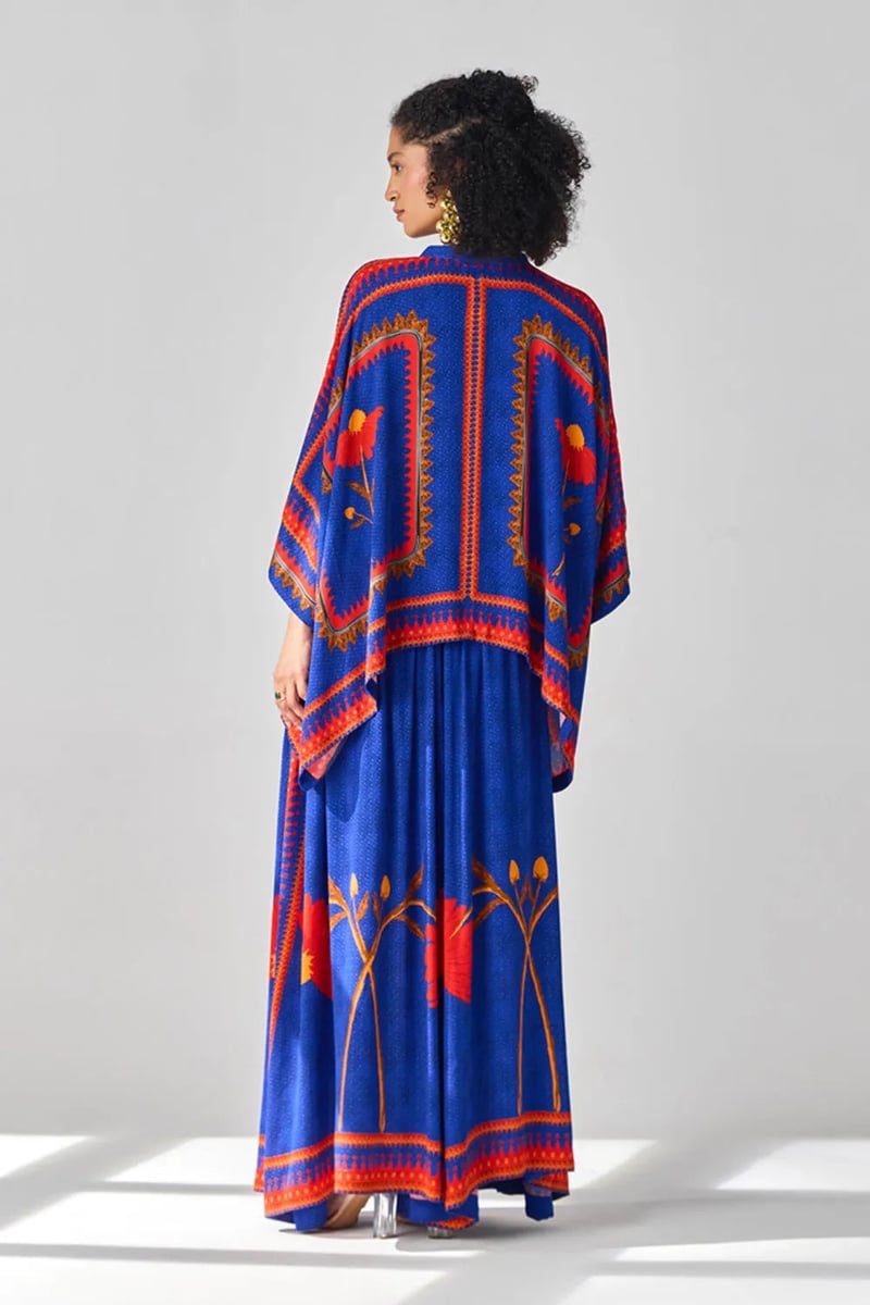 Blue Printed Cape Top and Wide-Leg Pants Co-ord Set