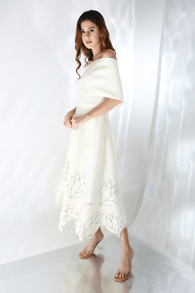 Off White Fit and Flare Midi Dress with Wrap