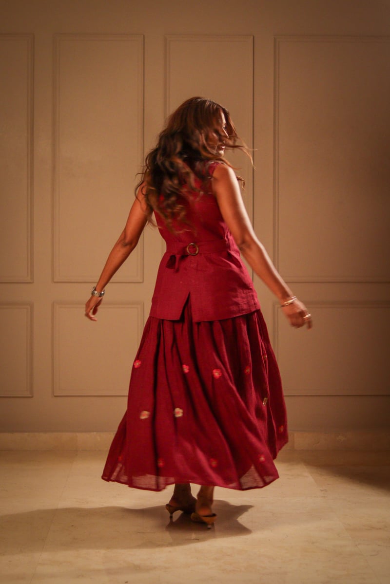Wine Linen Button-Front Waistcoat with Embroidered Pockets