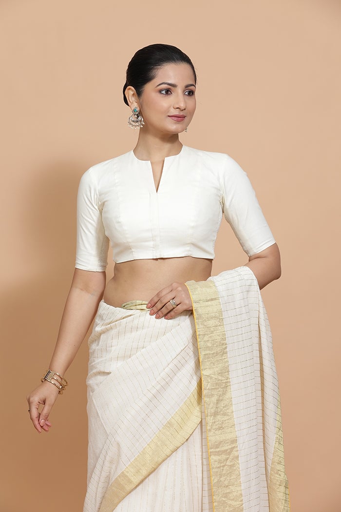 Ivory Mist Cotton Saree Blouse with Round Neck and Elbow Sleeves