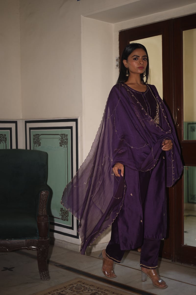 Purple Silk Chanderi Zardozi Kurta Set with Dupatta