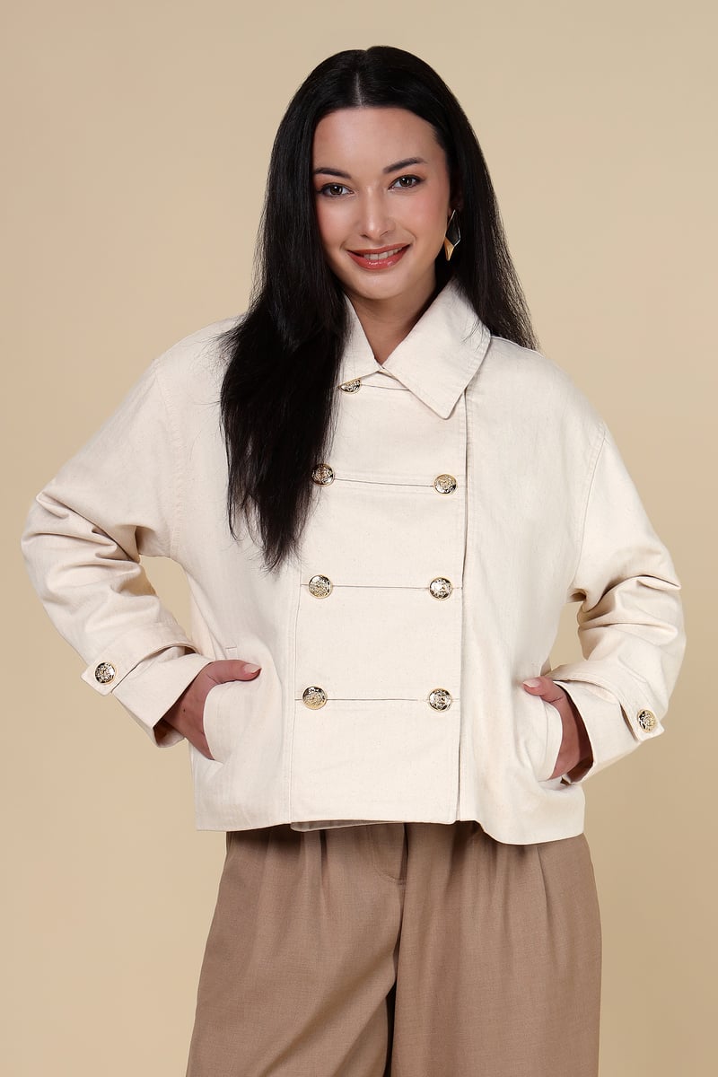 Beige Tailored Double-Breasted Style Button Jacket