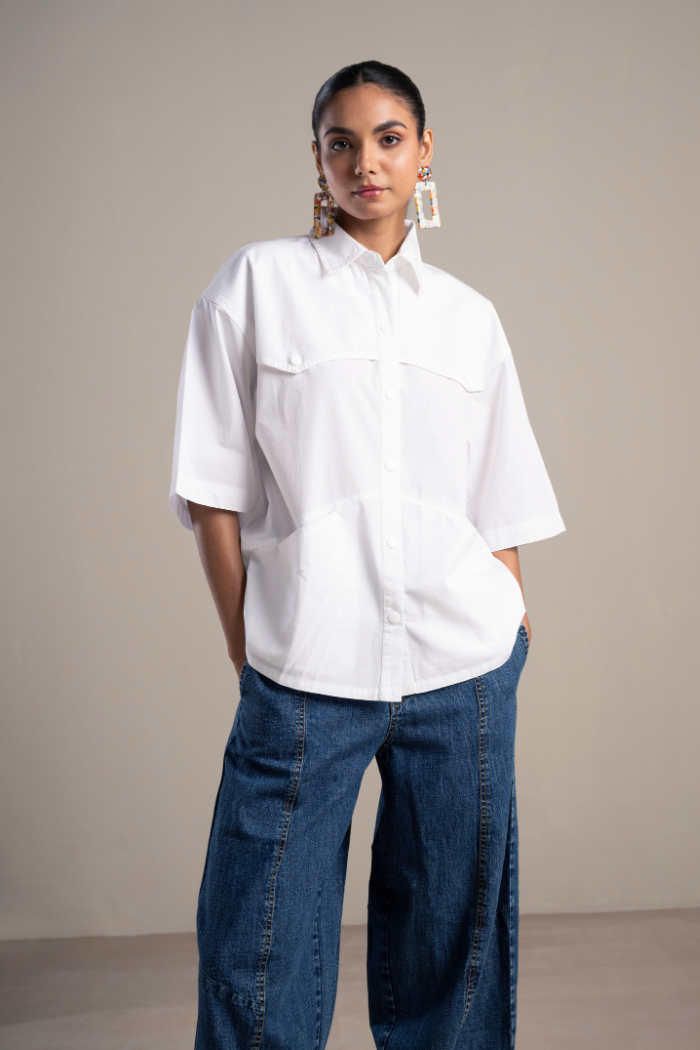 Blue and White Shirt and Denim Barrel Pants Co-ord Set