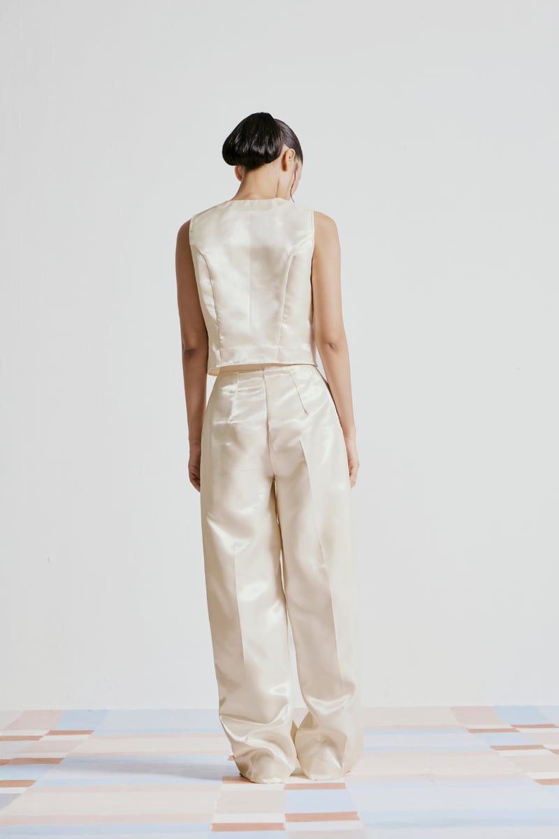 Off-White Waistcoat Top and Wide-Leg Pants Co-ord Set