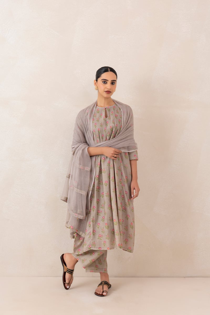 Mushroom Grey Pink Floral Chanderi Kurta Set with Dupatta