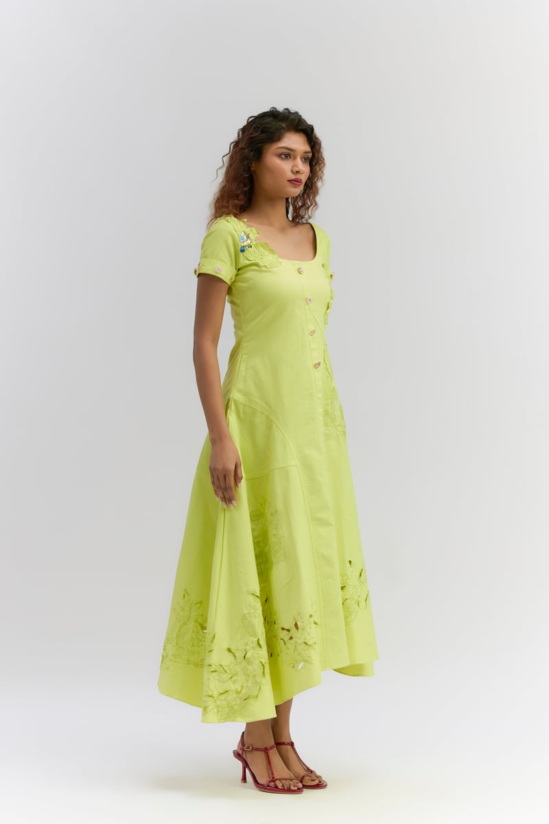 Lime Green  Patch Embroidered A-Line Midi Dress