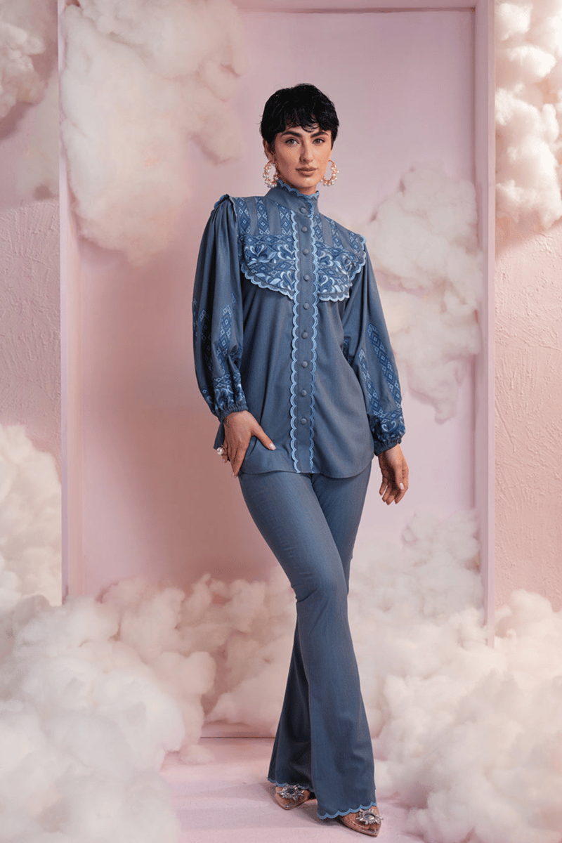 Denim Embroidered Shirt and Flared Pants Co-ord Set — Simar Tuli