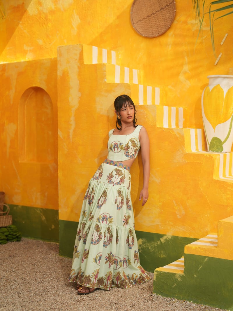 Cool Mint Tropical Corset Top and Tiered Maxi Skirt Set