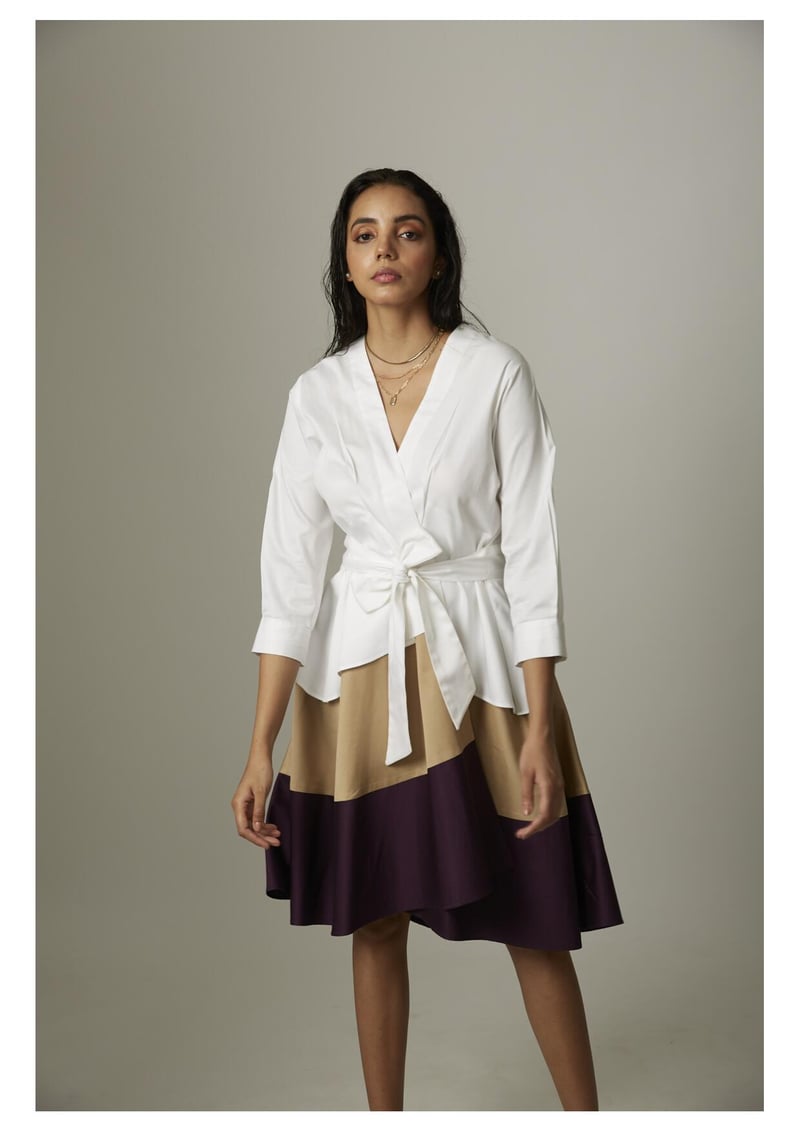 White/Beige/Wine Colorblock High-Low Wrap Tie Dress