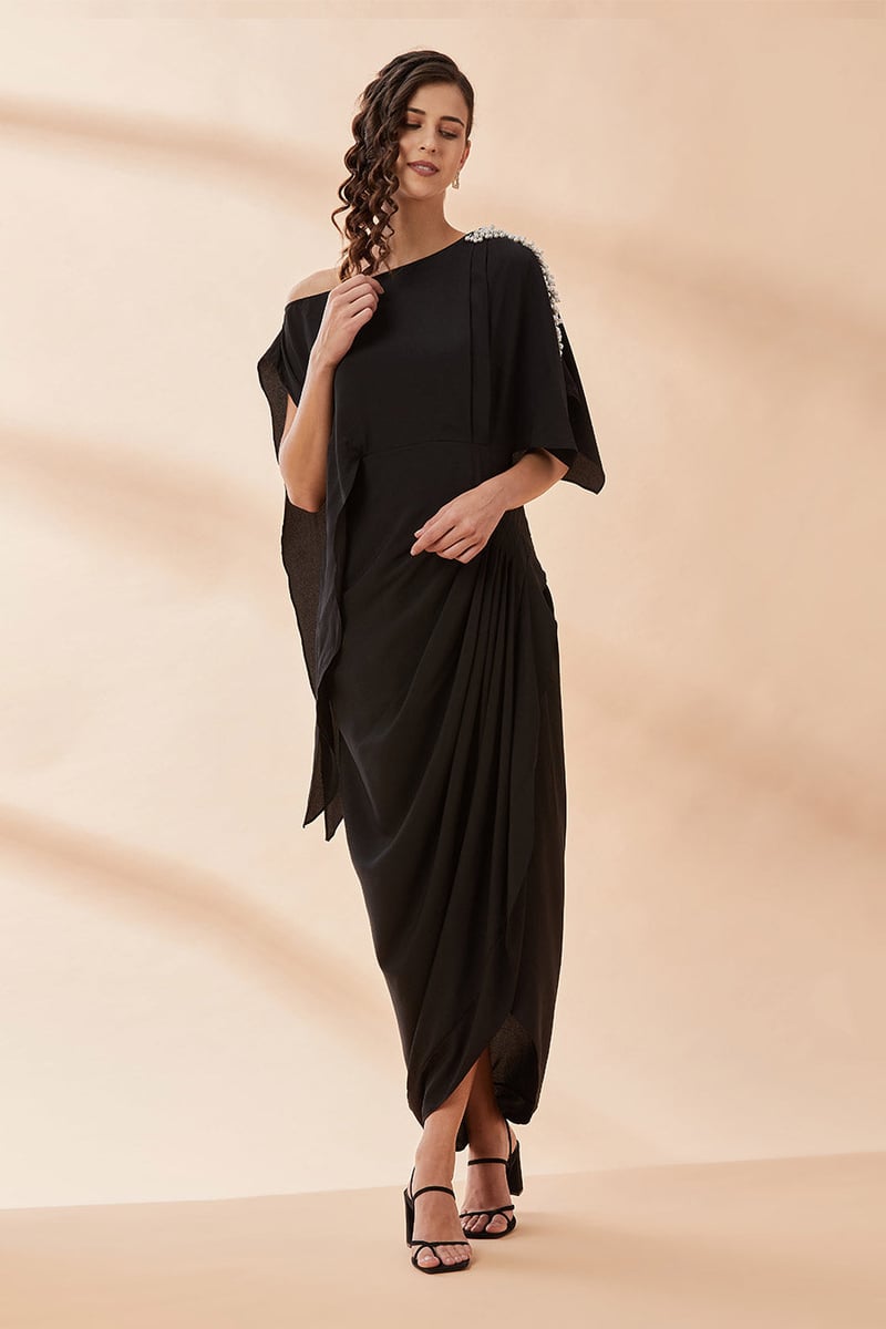 Black One-Shoulder Drape Maxi Dress with Pearl Detail — Aakaar