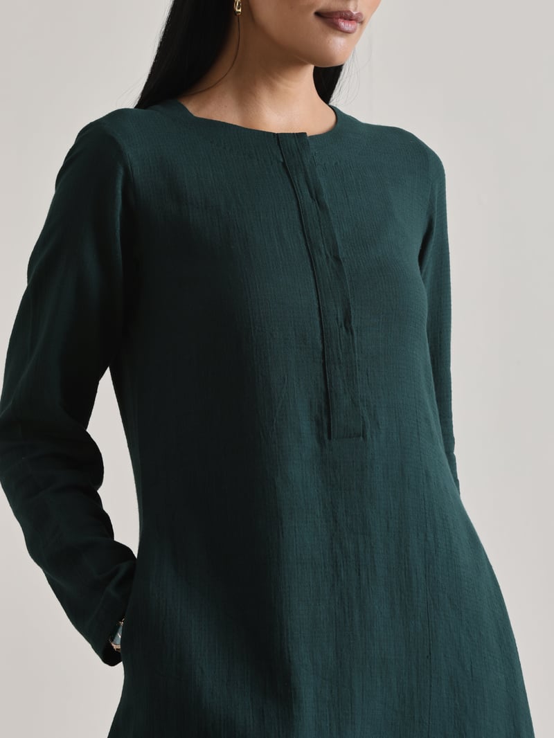 Dark Green Cotton Dobby Co-ord Set with Front Placket