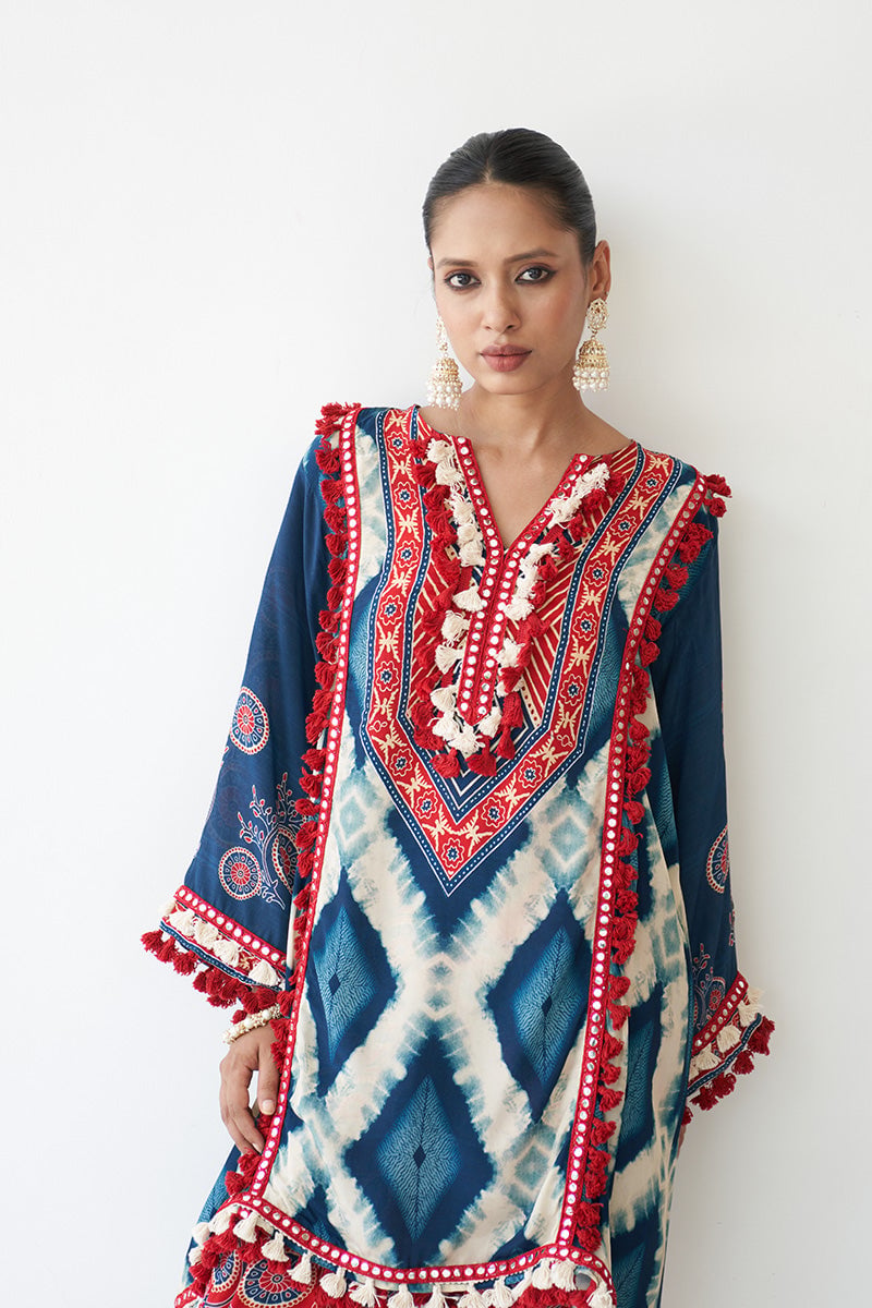 Blue Printed Crepe Kurta Set with Mirror Work Trim