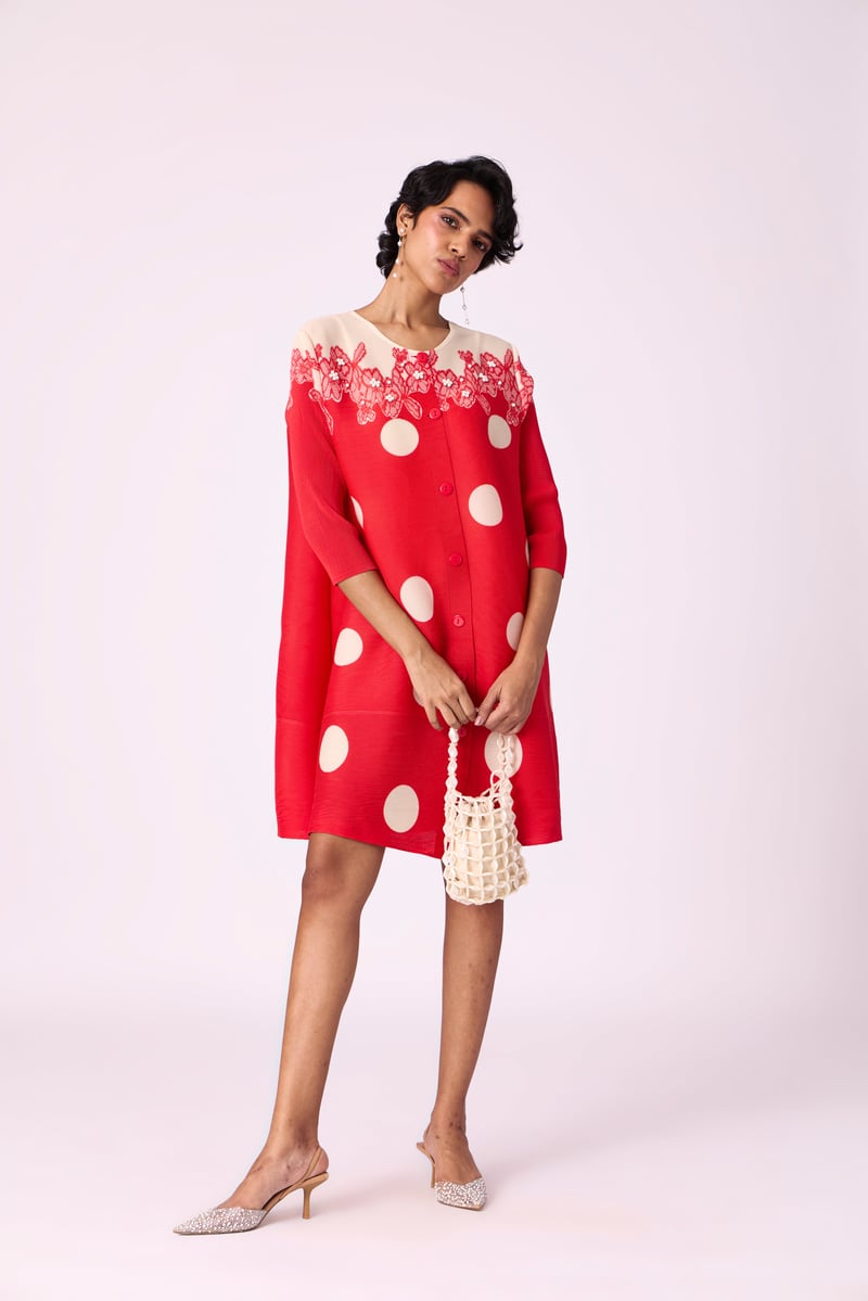 Red Polka Dot Button-Front Knee-Length A-Line Dress