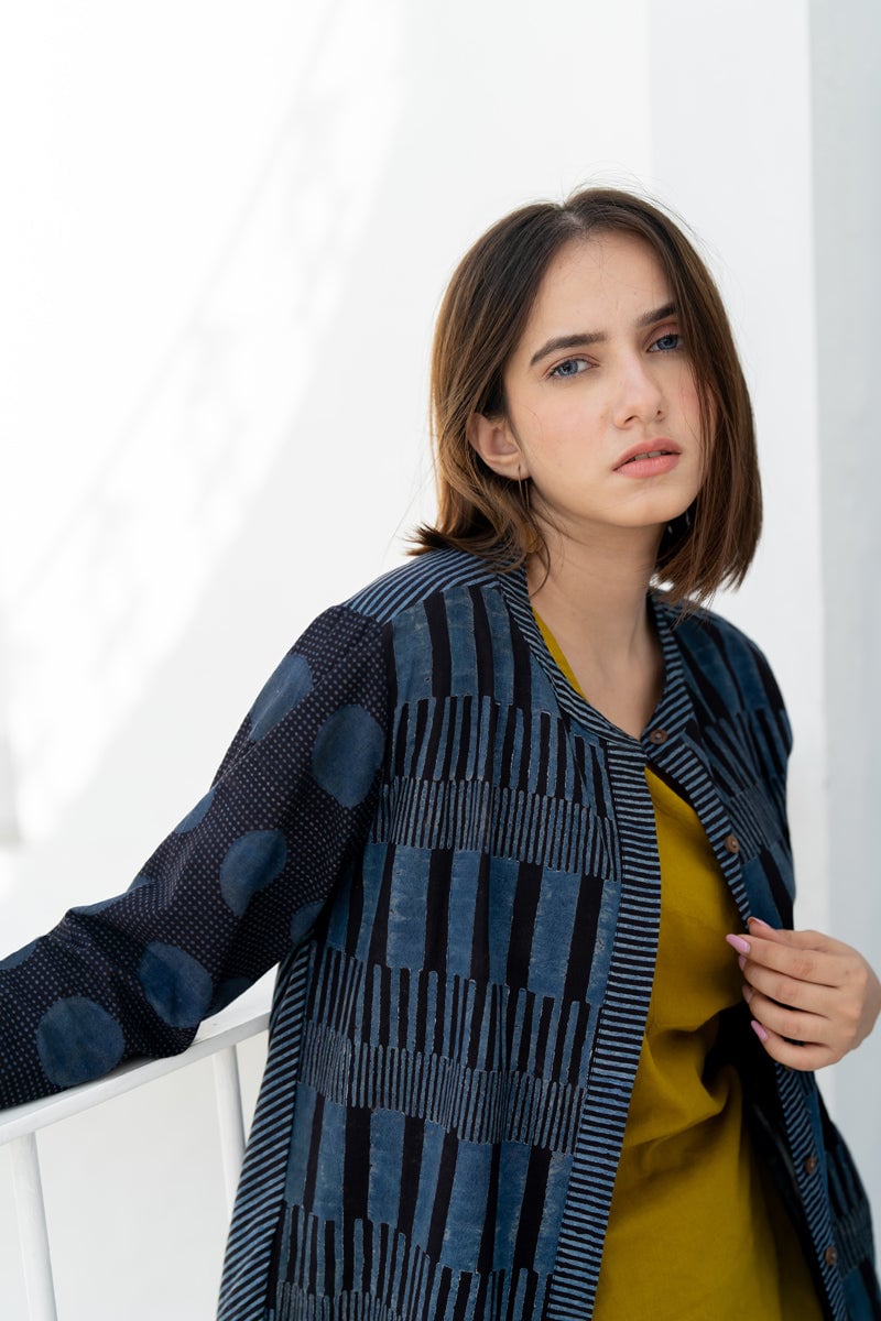 Black and Indigo A-Line Block Print Cotton Kurta