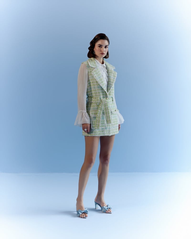 Pastel Green Checked Tweed Belted Sleeveless Jacket
