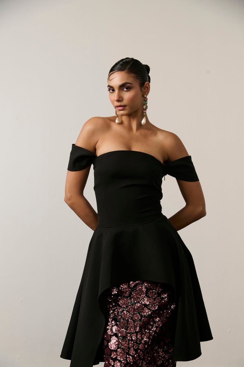 Black Off-Shoulder Corset High-Low Flared Top