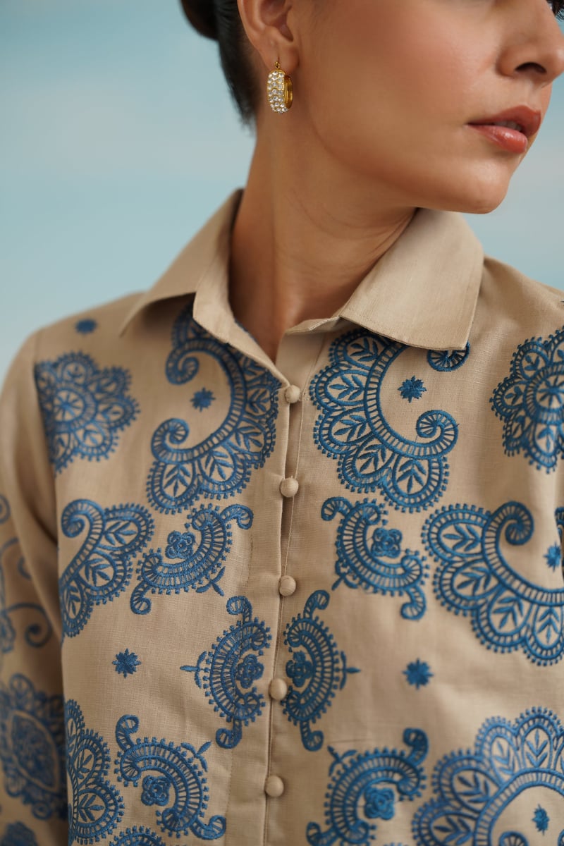 Beige Cotton Linen Embroidered Shirt and Pants Co-ord Set