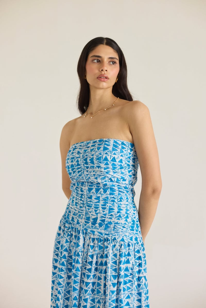 Mirabelle Blue Print Strapless Fit and Flare Midi Dress