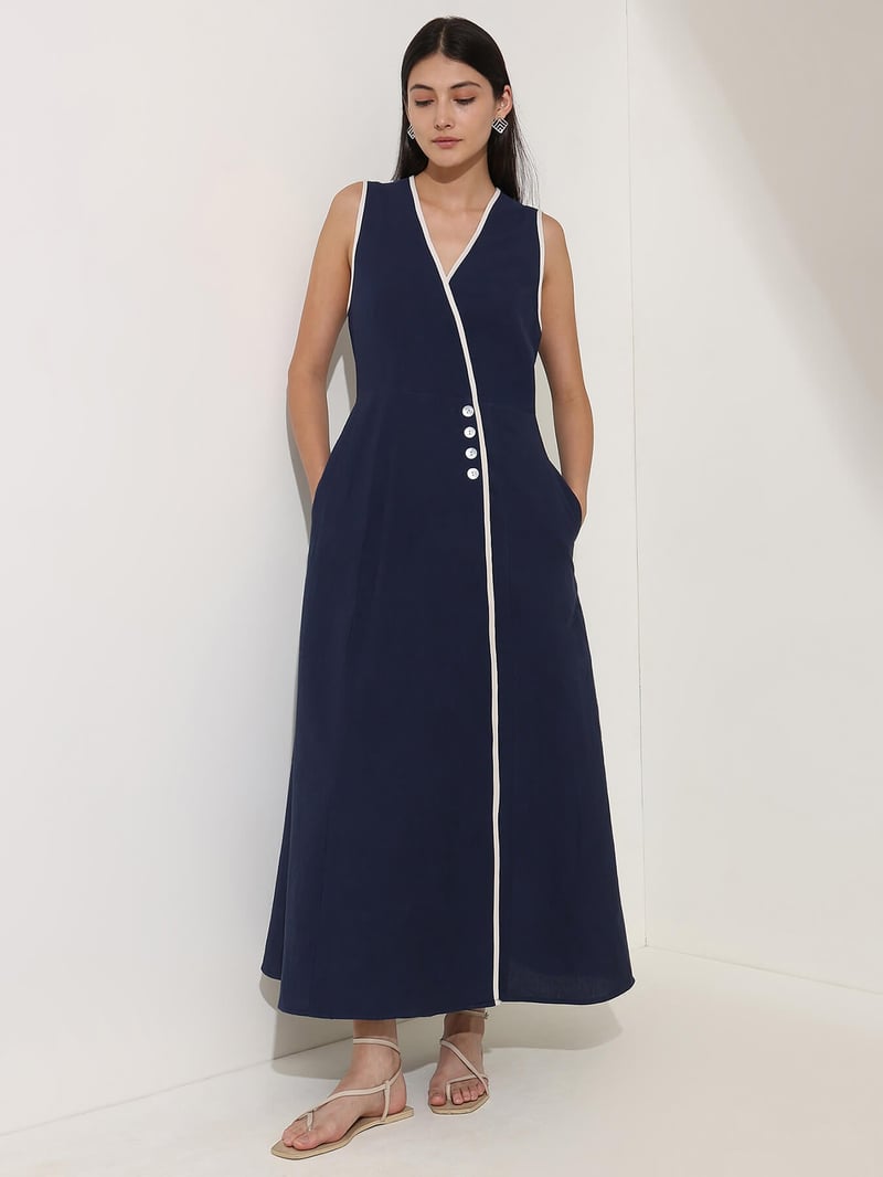 Denim Blue Linen-Blend Colorblock A-Line Maxi Dress
