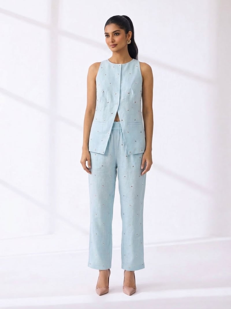 Sky Blue Linen Embellished Co-ord Set — NASSH
