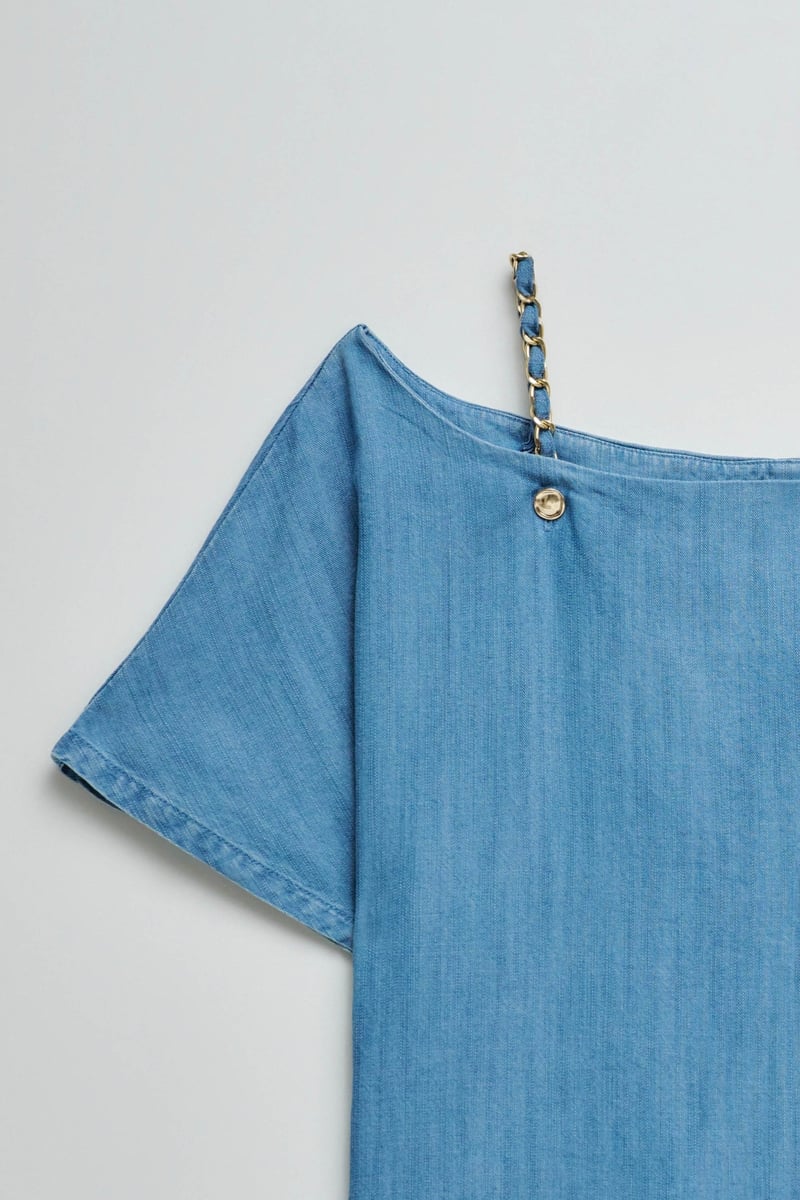 Light Wash Boat Neck Lyocell Top with Chain Straps