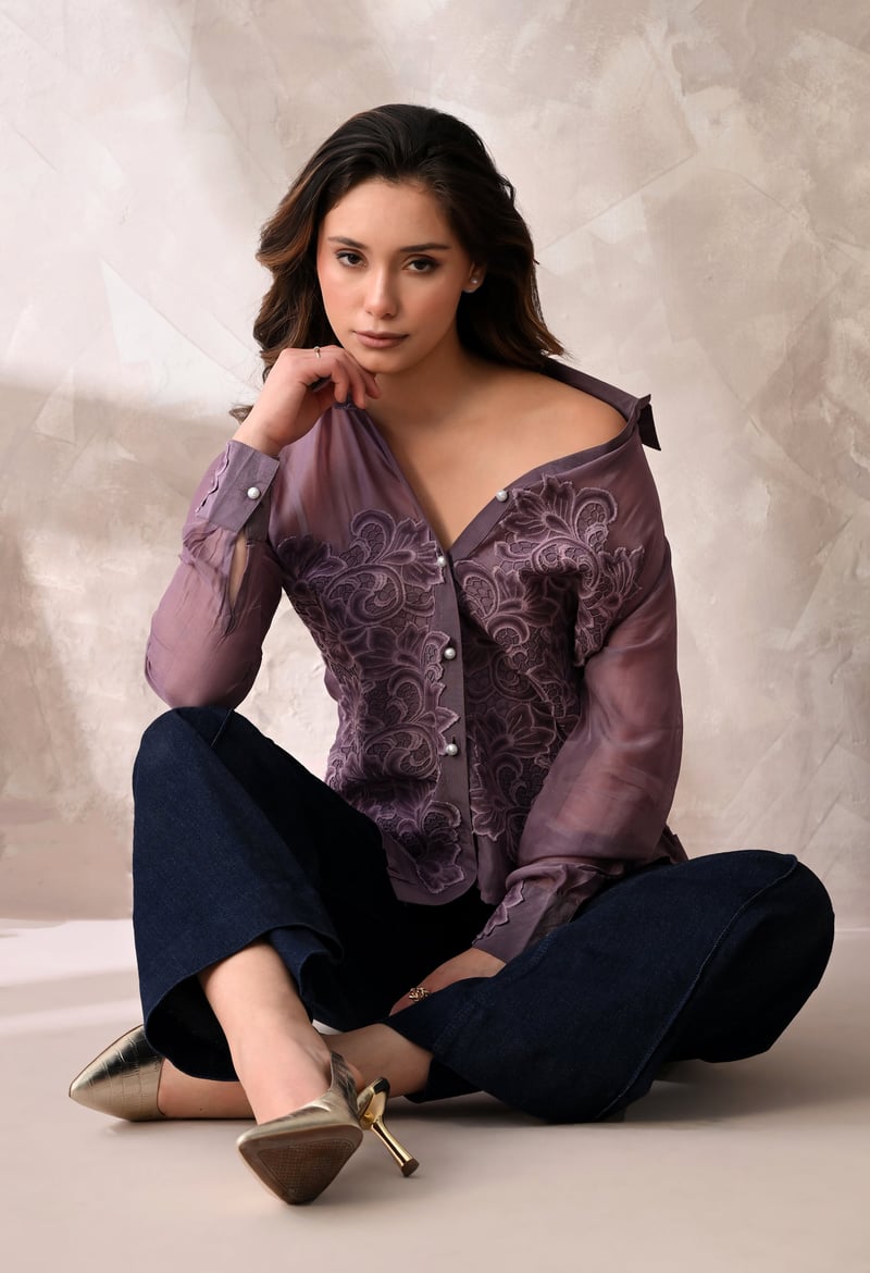 Mauve Sheer Button-Down Shirt with Tonal Floral Appliqué