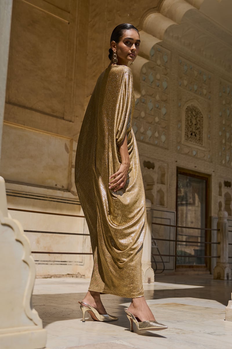 Gold Metallic Draped Maxi Kaftan with V-Neck