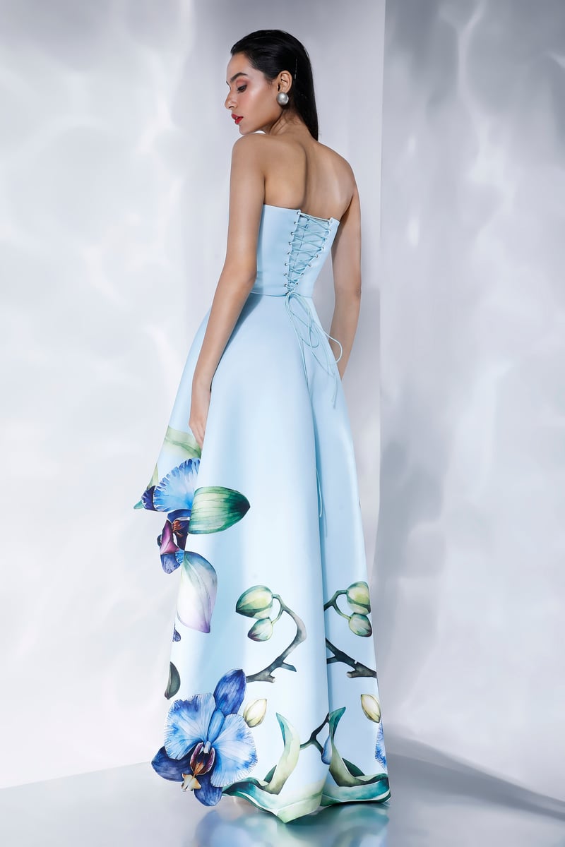 Light Blue Strapless Floral High-Low Maxi Dress