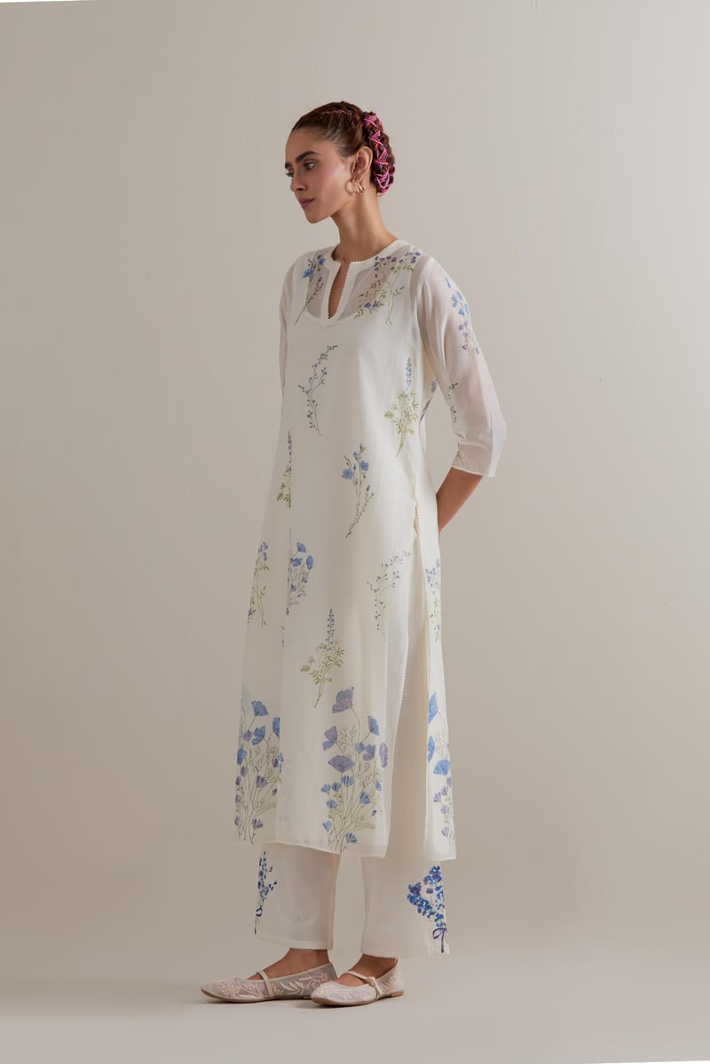 Off-White Floral Block Print Kurta Set with Dupatta