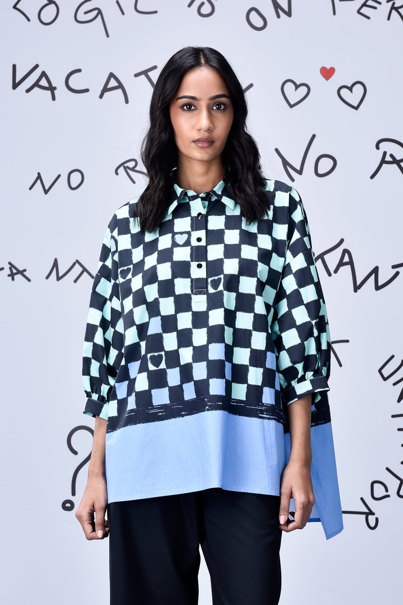 Blue Green Chessboard Check Free Size Oversized Shirt