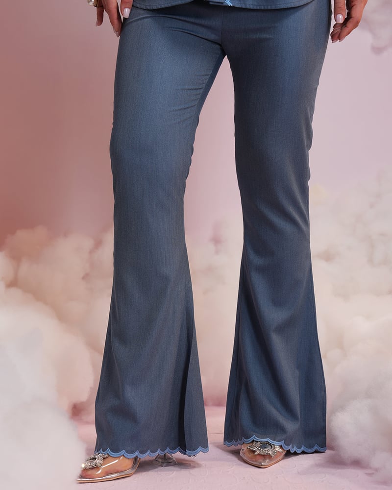 Denim Embroidered Shirt and Flared Pants Co-ord Set